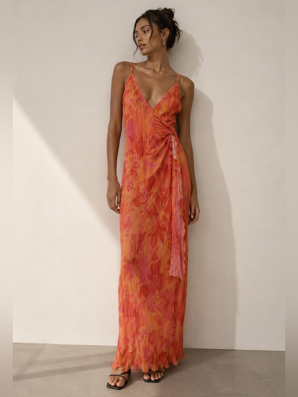 PrettyLittleThing Orange Pink Floral Pleated Wrap Maxi Dress Size US 0 NWT